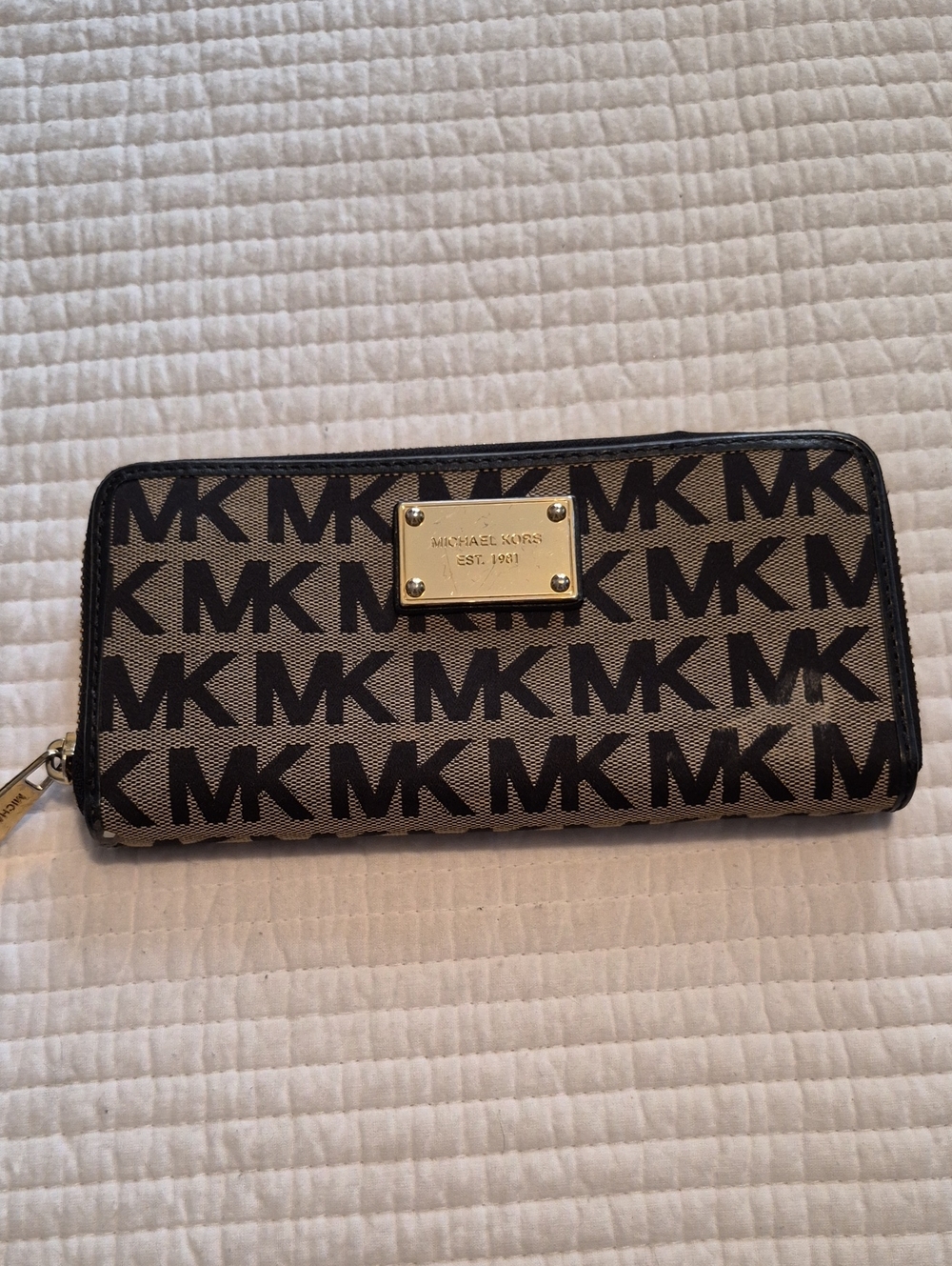 Michael Kors Tan and Brown MK Logo Zip Wallet with Gold Plate